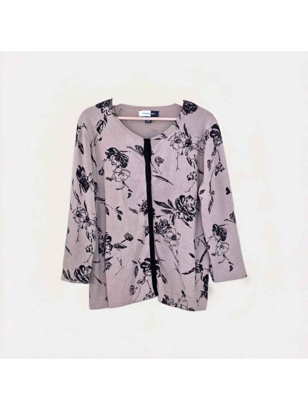 Jones Wear Studio Silk Blend Knit Cardigan Women XL Beige Black Snap Floral Edgy